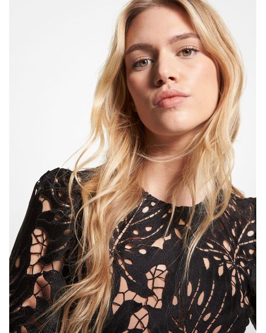 Michael Kors Palm Lace Blouson Sleeve Dress in Black | Lyst