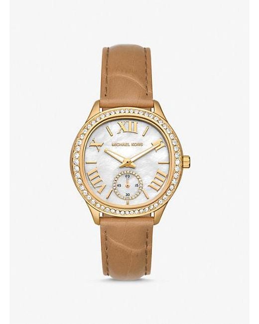 Michael Kors White Sage Pavé Gold-tone And Crocodile Embossed Leather Watch