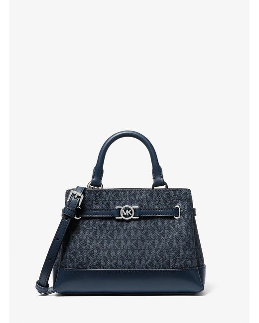 Michael Kors Outlet Blue Mk Reed Extra-Small Signature Logo Satchel