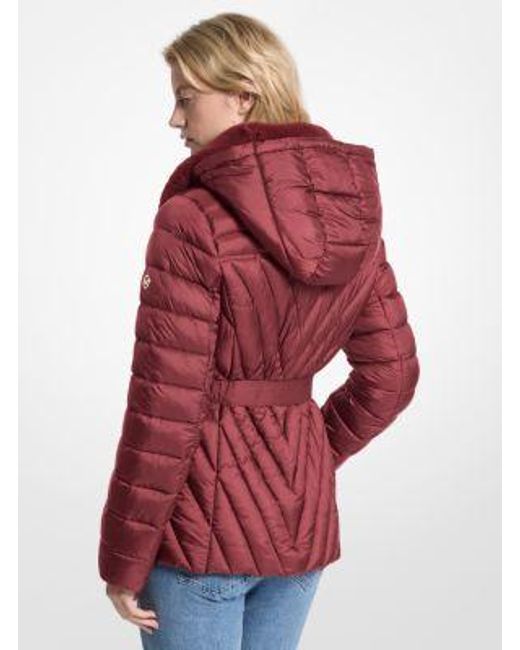 MICHAEL Michael Kors Red Faux Fur Trim Packable Nylon Puffer Jacket