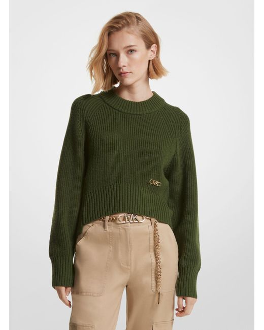 Michael Kors Green Ribbed Wool Blend Cropped Sweater