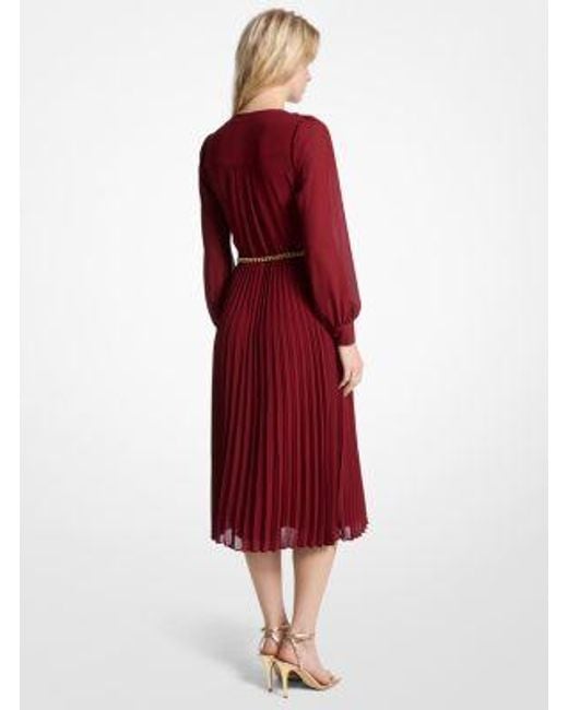 Michael Kors Red Georgette Belted Pleated Shirtdress