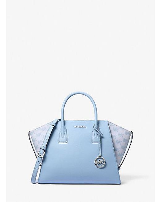 Michael Kors Blue Avril Large Leather And Logo Jacquard Satchel