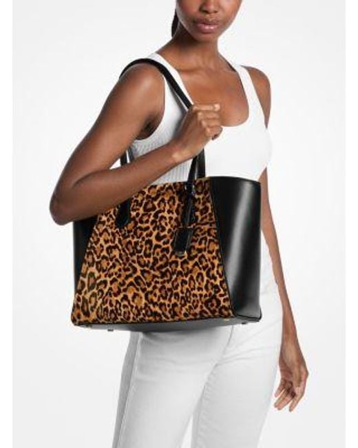 Michael Kors Black Taryn Large Leopard Print Calf Hair Tote Bag