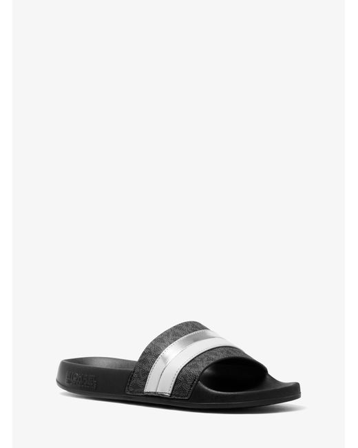 Michael Kors Canvas Brandy Striped Logo Slide Sandal in Black | Lyst