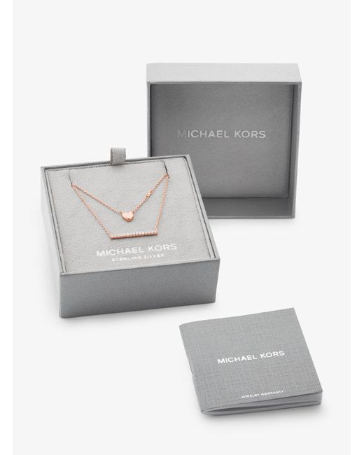 Michael Kors White Zweireihige Halskette Aus Sterlingsilber Mit Edelmetallbeschichtung, Herz- Und Pavé-Stabanhänger