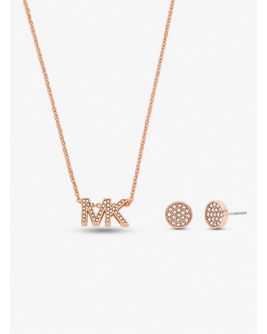 Michael Kors White Rose Gold-tone Brass Logo Necklace And Earrings Set