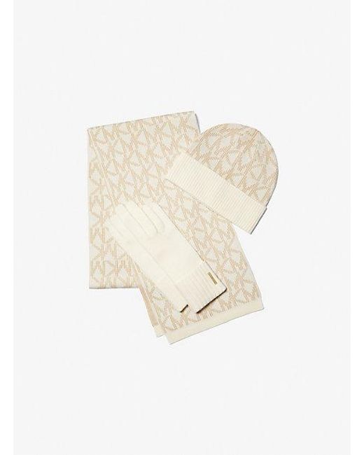 Michael Kors White Logo Jacquard Scarf, Beanie And Gloves Gift Set