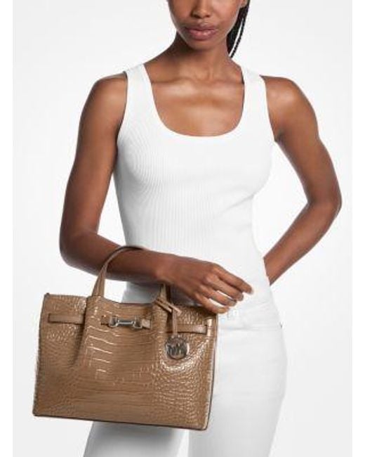 Michael Kors Brown Carson Medium Crocodile Embossed Satchel