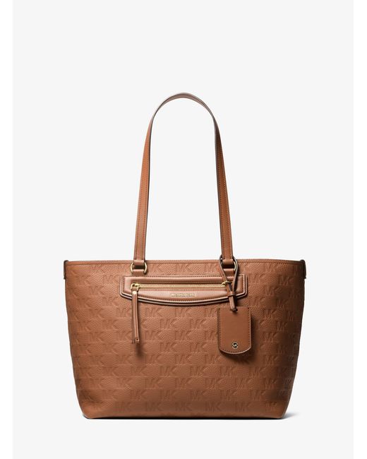 MICHAEL Michael Kors Brown Mk Jet Set Travel Medium Logo Embossed Leather Tote Bag