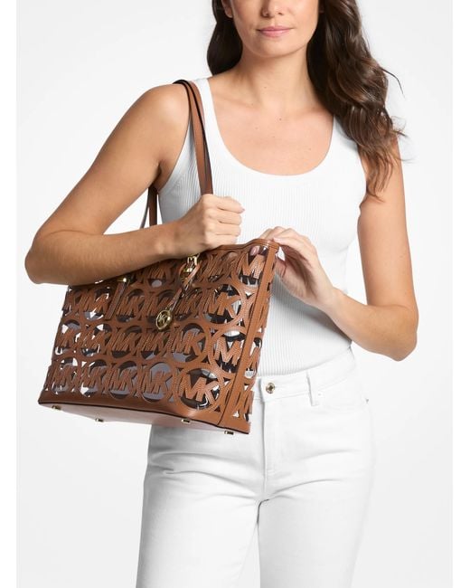MICHAEL Michael Kors Brown Mk Quinn Large Laser-Cut Logo Tote Bag