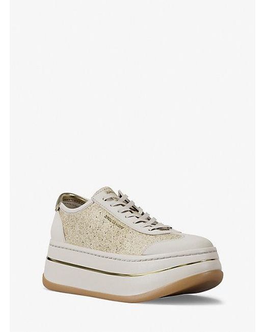 Michael Kors White Hayes Glitter Embellished Leather Platform Sneaker