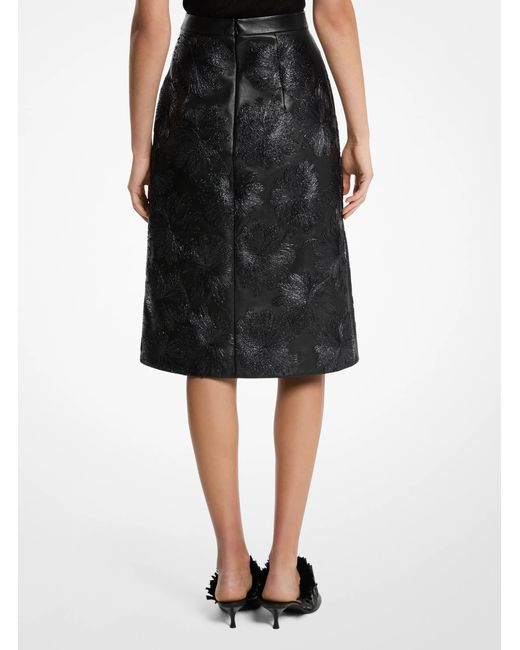 Michael Kors Black Mk Hand-Embroidered Floral Plongé Leather Skirt