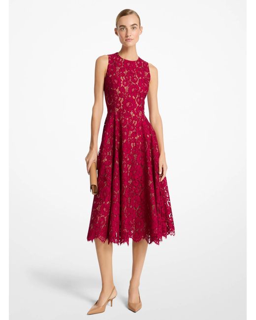 Michael Kors Red Floral Lace Sleeveless Fit & Flare Midi Dress