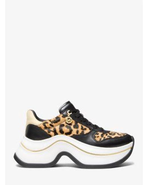 Michael Kors White Arla Leopard Print Calf Hair And Leather Trainer