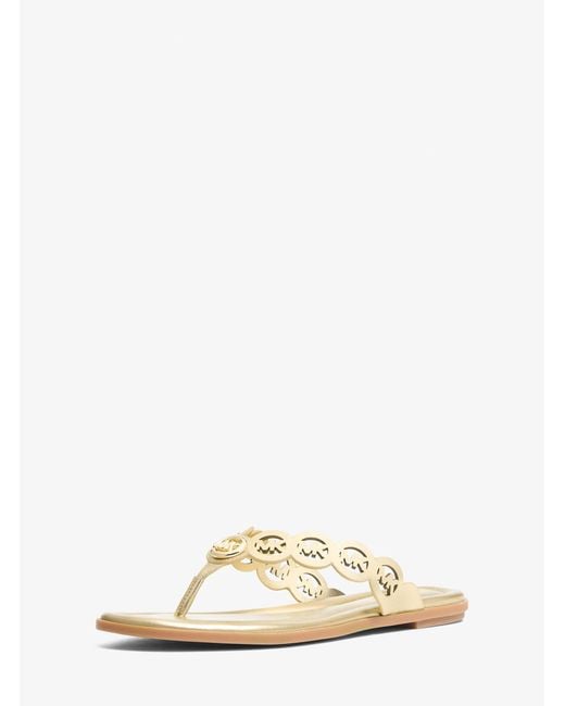 Michael Kors Natural Janie Perforated Logo Metallic Leather Sandal