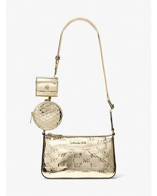 Michael Kors White Jet Set Small Metallic Logo Debossed Crossbody Bag With Case For Apple Airpods Pro