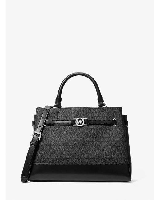 Michael Kors Outlet Black Mk Reed Large Signature Logo Satchel