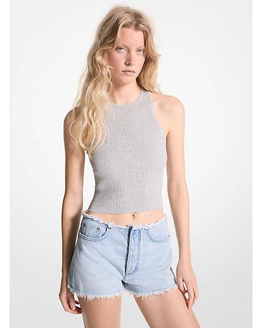 Michael Kors White Ribbed Stretch Knit Cropped Tank Top
