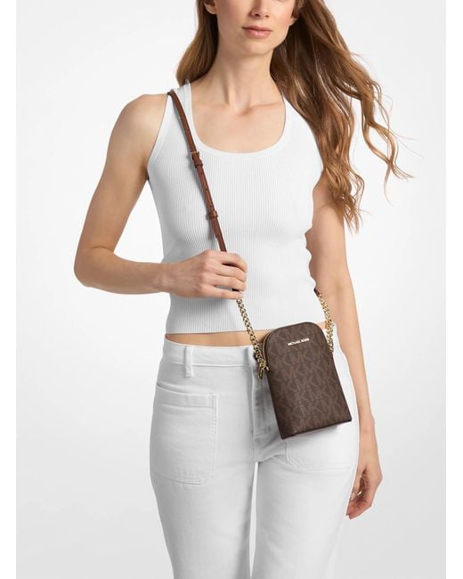 Michael Kors Outlet Brown Mk Small Signature Logo Smartphone Crossbody Bag