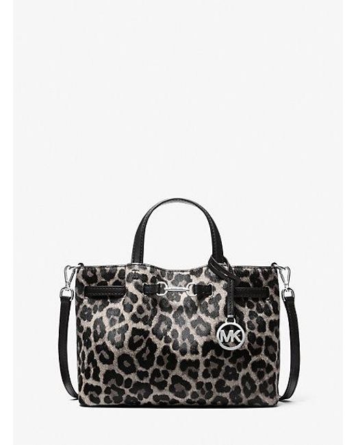 Michael Kors Black Carson Small Leopard Print Calf Hair Satchel