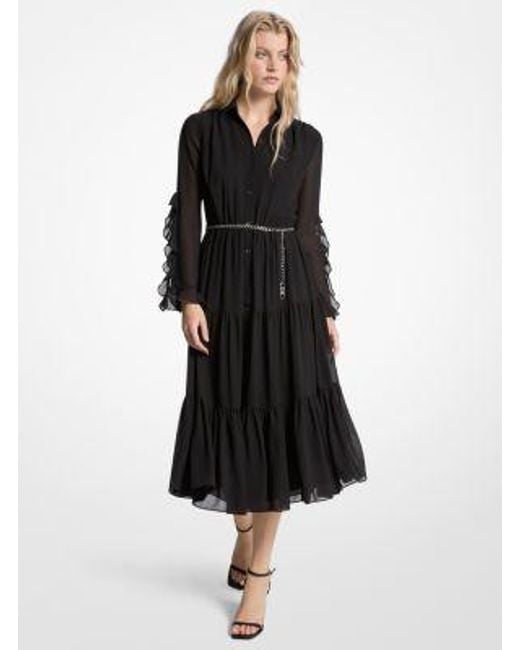Michael Kors Black Ruffled Georgette Midi Dress