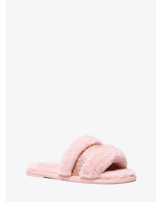 Michael Kors Alexis Faux Fur And Metallic Signature Logo Slide Sandal ...
