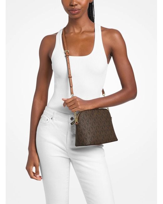 Michael Kors Outlet Brown Mk Cindy Signature Logo Dome Crossbody Bag