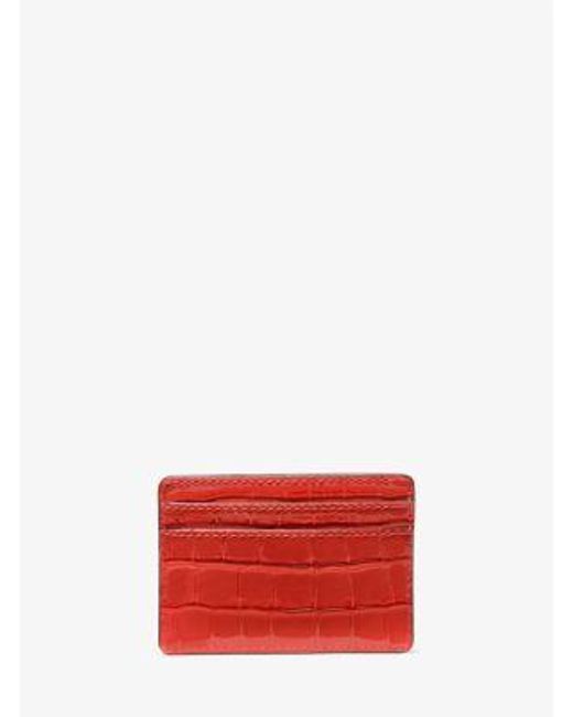 Michael Kors Red Mk Jet Set Small Crocodile Embossed Leather Card Case