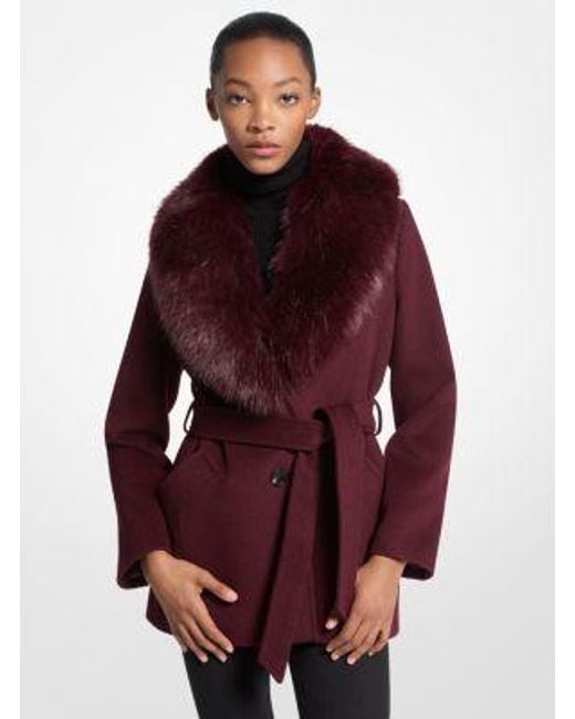 Michael Kors Red Faux Fur Trim Wool Blend Coat