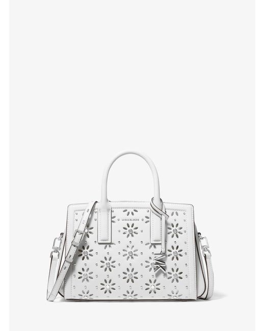 MICHAEL Michael Kors White Mk Laila Small Embellished Laser Cut Leather Satchel