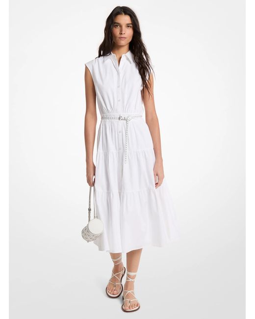 MICHAEL Michael Kors White Mk Belted Cotton Poplin Sleeveless Shirtdress