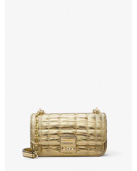 Michael Kors Natural Tribeca Small Quilted Metallic Lizard Embossed Leather Shoulder Bag