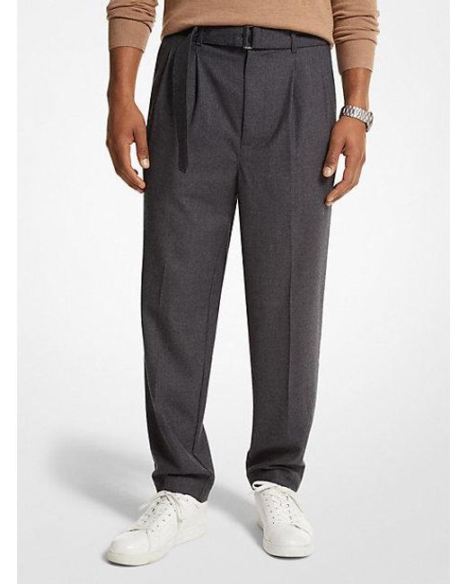 Michael Kors Gray Stretch Wool Flannel Belted Trousers for men