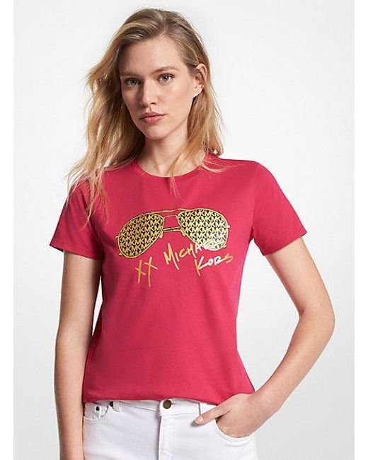 Michael Kors Red Metallic Logo Aviator Print Organic Cotton T-shirt