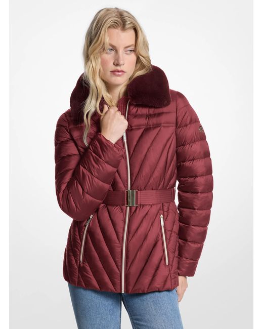 MICHAEL Michael Kors Red Faux Fur Trim Packable Nylon Puffer Jacket