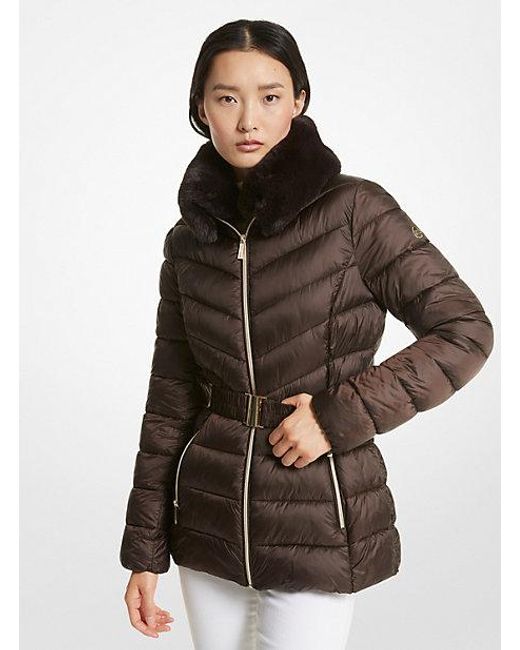 Michael Kors Brown Faux Fur Trim Quilted Nylon Packable Puffer Jacket