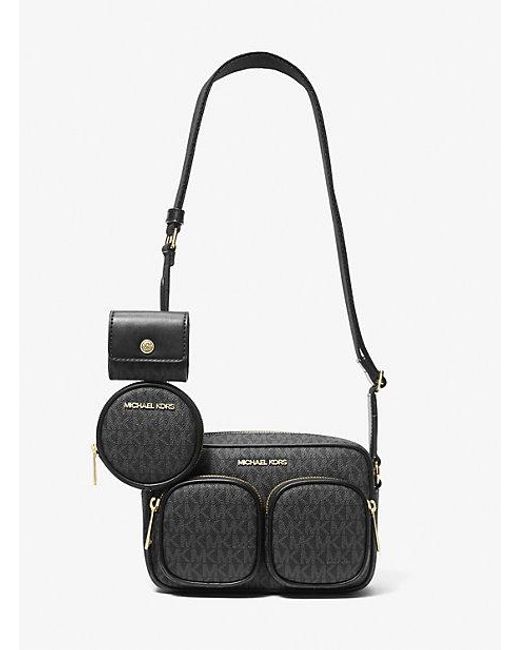 Michael Kors Black Jet Set Medium Signature Logo Crossbody Bag With Case For Apple Airpods Pro