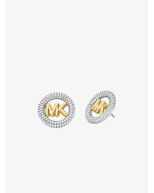 Michael Kors White Medium Precious Metal-Plated Brass Pavé Logo Stud Earrings