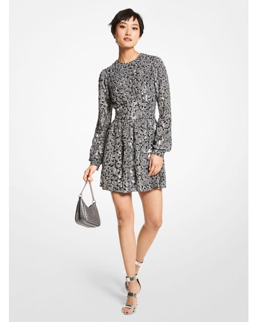 Michael Kors Sequined Leopard Print Georgette Dress in Gray | Lyst