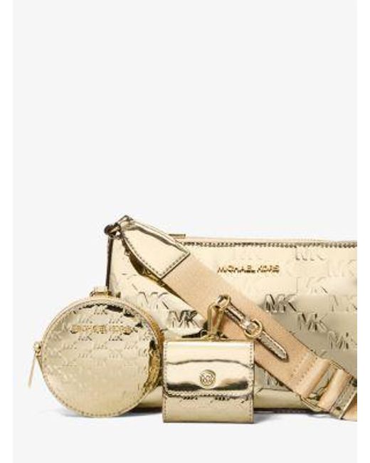 Michael Kors White Jet Set Small Metallic Logo Debossed Crossbody Bag With Case For Apple Airpods Pro
