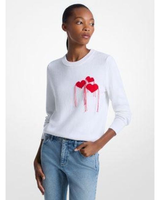 Michael Kors White Fringed Heart Cotton Blend Sweater