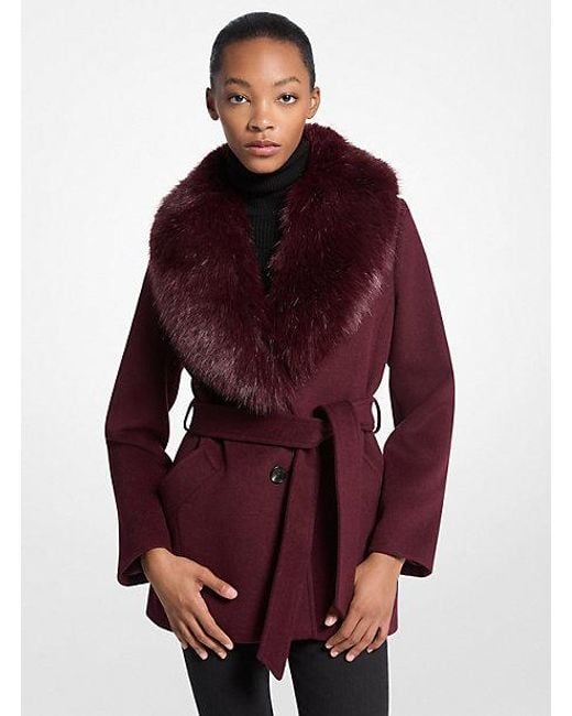 Michael Kors Red Faux Fur Trim Wool Blend Coat