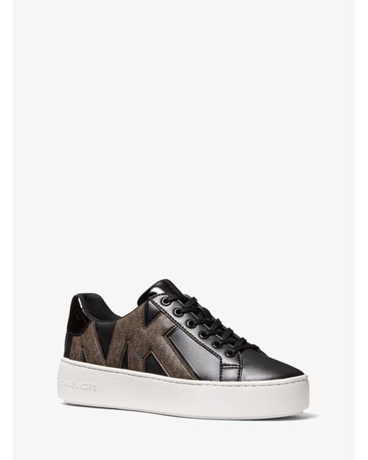 Michael Kors Poppy Logo And Faux Patent Leather Sneaker in Brown | Lyst