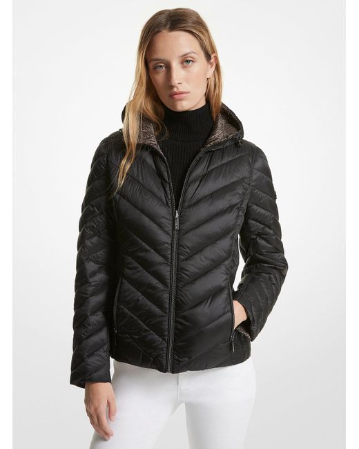 Michael Kors Outlet Black Mk Reversible Quilted Nylon Signature Logo Packable Puffer Jacket