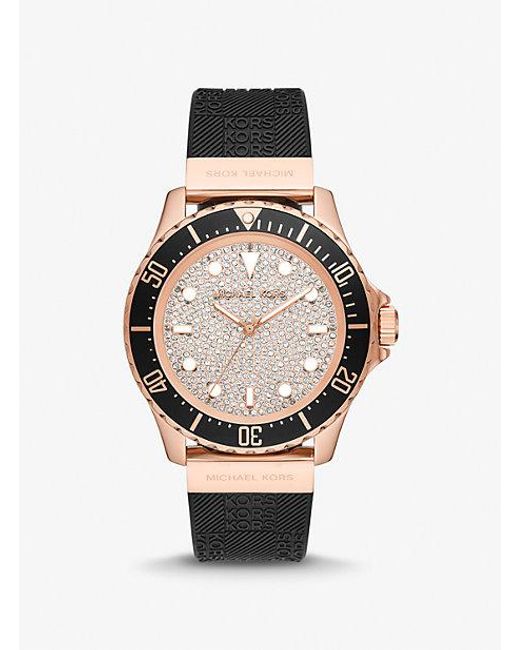 Michael Kors Black Oversized Slim Everest Pavé Rose-gold Tone And Embossed Silicone Watch