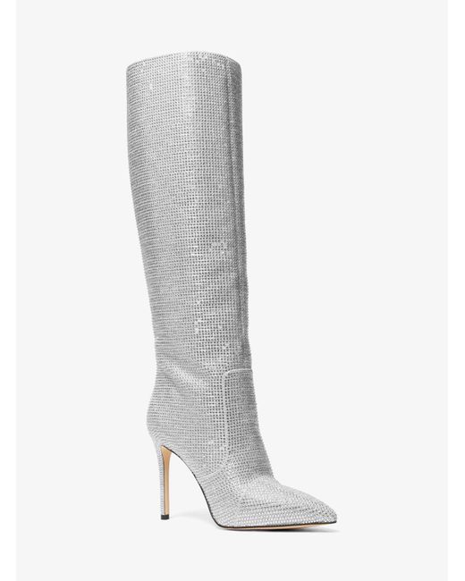 MICHAEL Michael Kors White Mk Rue Embellished Glitter Chain-Mesh Knee Boot
