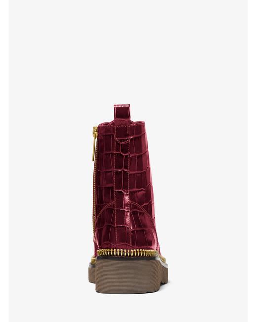 Michael Kors Haskell Crocodile Embossed Leather Combat Boot In Dark Berry Red Lyst