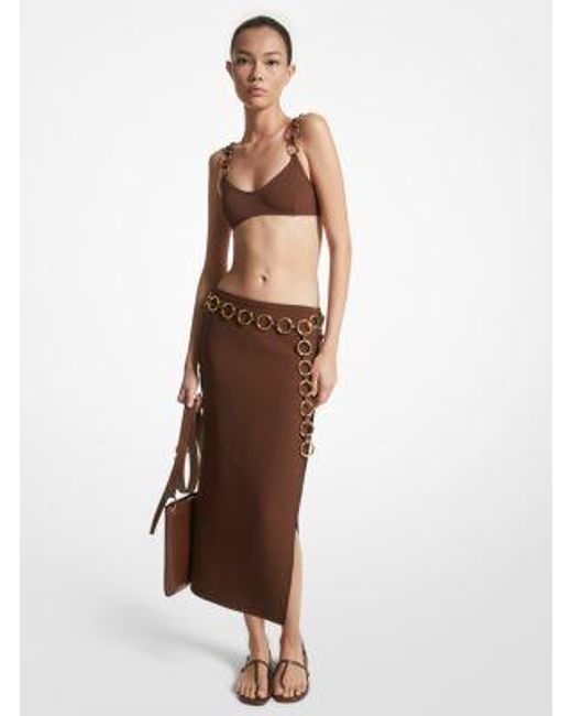 Michael Kors Brown Mk Stretch Double Crepe Sablé Ring Slit Skirt