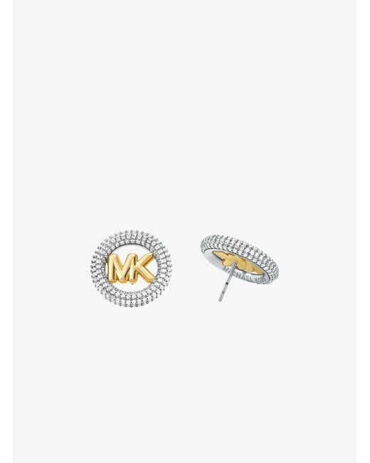 Michael Kors White Medium Precious Metal-Plated Brass Pavé Logo Stud Earrings